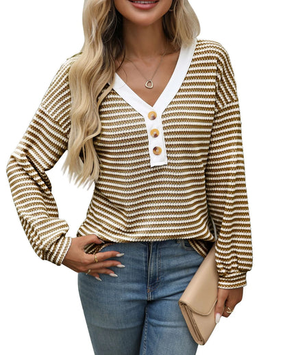 Women's loose fit V-neck patchwork pullover top in polyester knit fabric