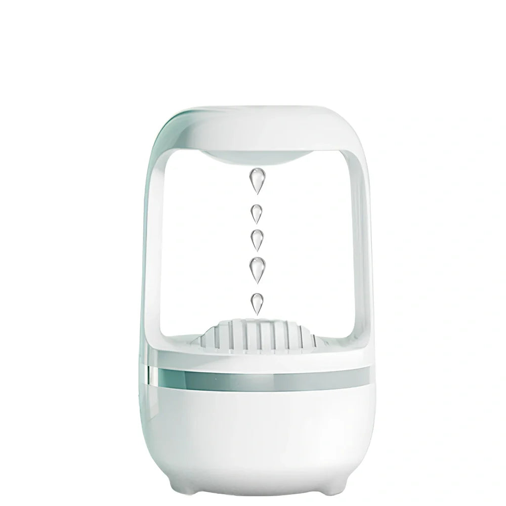 White anti-gravity humidifier showing upward water droplets with 500ml tank and USB-C cable