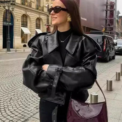 Stylish loose lapel PU leather jacket in multiple colors for women's fashion and streetwear
