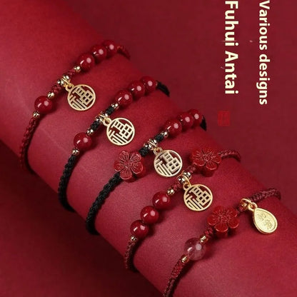 Cinnabar ethnic bracelet with braided rope strap and blessing charm for college entrance exams