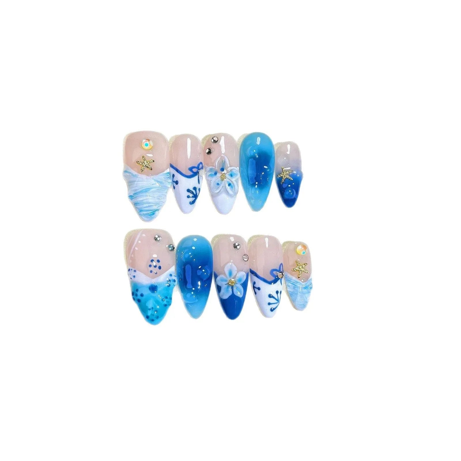 Set of 24 blue hand-painted false nails with carved floral design on transparent base, showing XS, S, M, L sizes.
