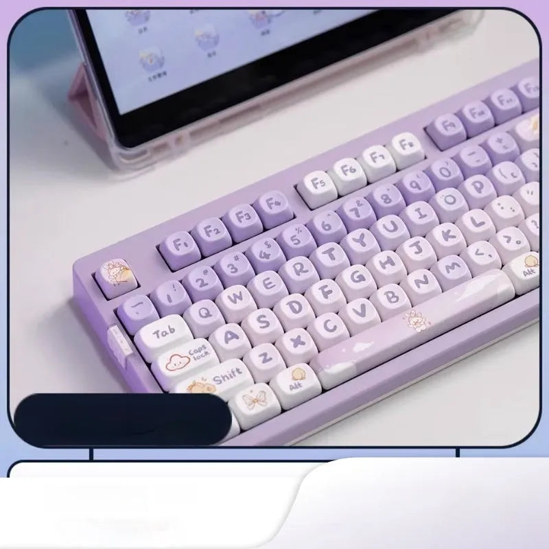 Purple gradient keycap set with rabbit artwork for mechanical keyboards, shown on a black keyboard.