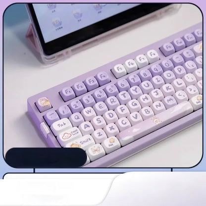 Purple gradient keycap set with rabbit artwork for mechanical keyboards, shown on a black keyboard.