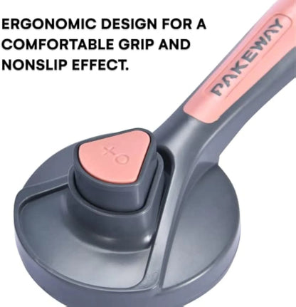 Grey self-cleaning slicker brush for pet grooming with one-click button and massage bristles