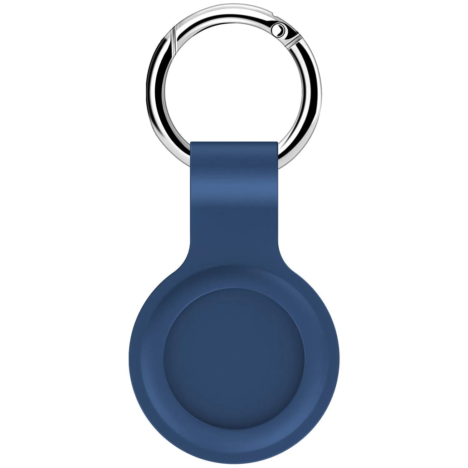 Black waterproof silicone Airtag protective case with metal keychain clip, shown next to colour options.