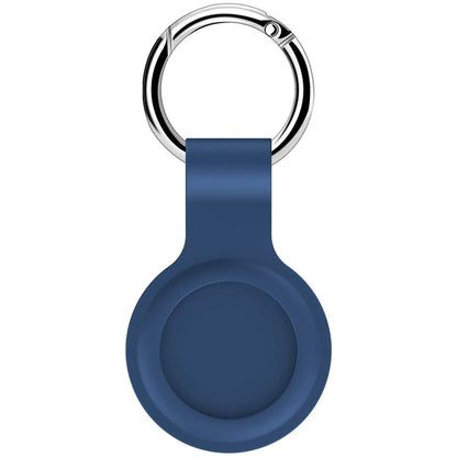 Black waterproof silicone Airtag protective case with metal keychain clip, shown next to colour options.