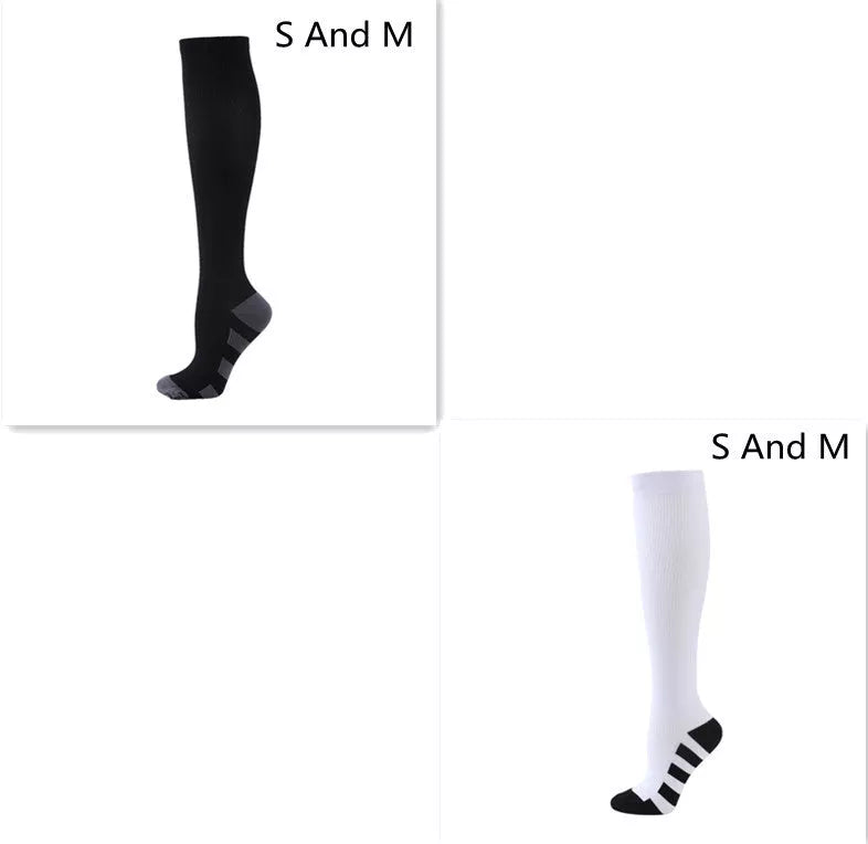 Athletic compression socks with three-bar design in black, pink, and white
