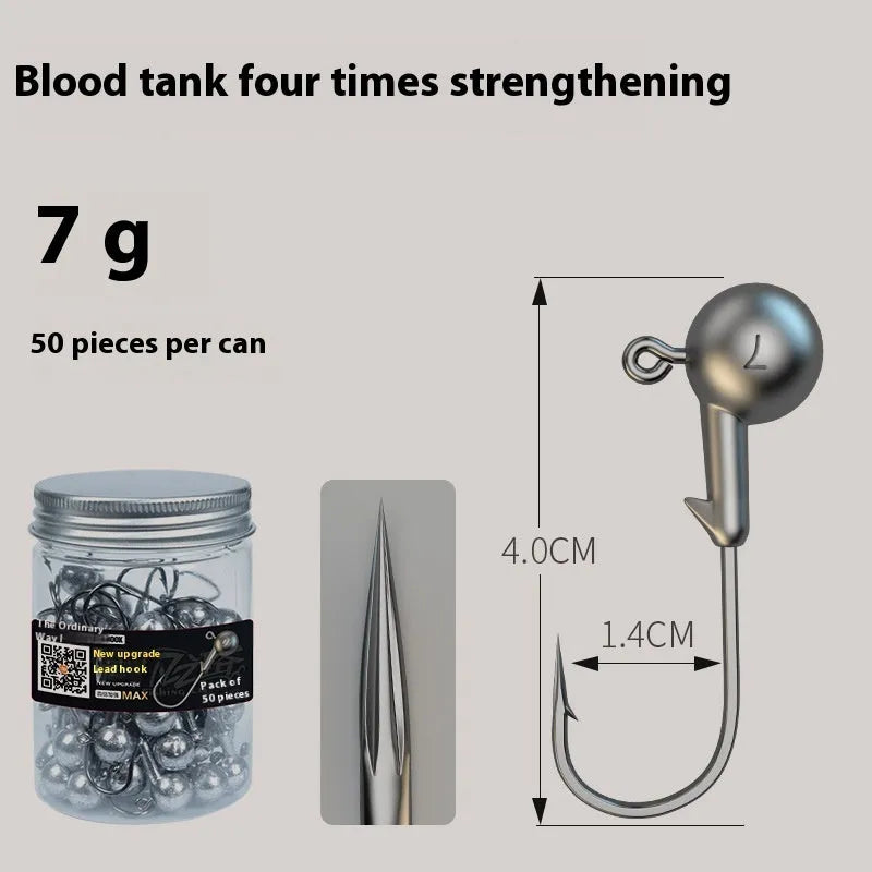 Steel jig fishing hooks with lead heads, 7g weight, and blood trough design in a set of 50 pieces