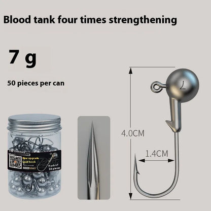Steel jig fishing hooks with lead heads, 7g weight, and blood trough design in a set of 50 pieces
