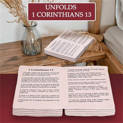 Soft red Bible pillow plush toy for kids, featuring 1st Corinthians 13 inside