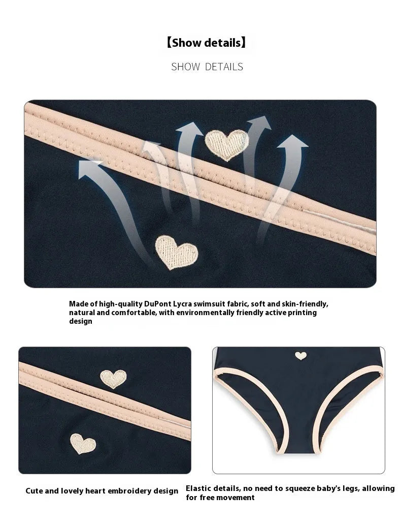 Dark blue split colour baby girls' polyester swim briefs with high elasticity for ages 1-6 years