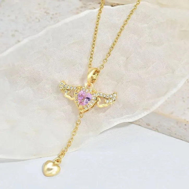 Cupid heart angel wings necklace with titanium steel, zircon crystal and 41-50cm O-shaped chain in silver or gold