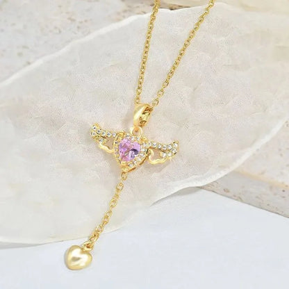 Cupid heart angel wings necklace with titanium steel, zircon crystal and 41-50cm O-shaped chain in silver or gold