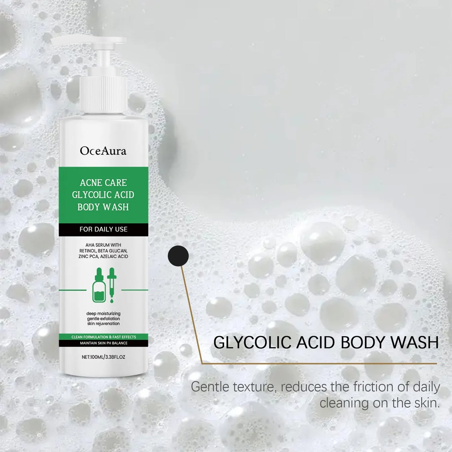 100ml bottle of retinol shower gel with glycolic acid and azelaic acid