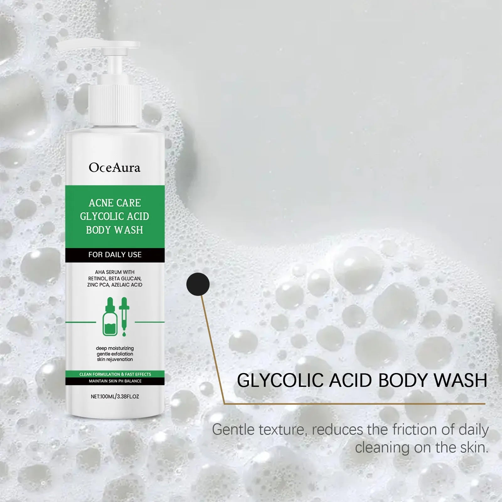 100ml bottle of retinol shower gel with glycolic acid and azelaic acid