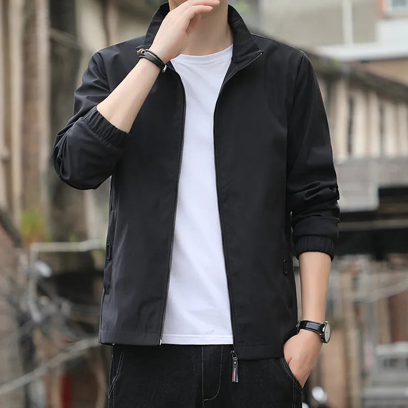 Korean-style loose lapel autumn jacket in black, grey, blue, dark blue, or navy blue with zipper pockets