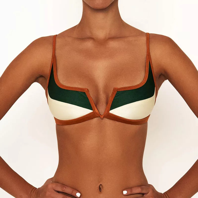 Green split swimsuit bikini with chest pad for swimming and wading