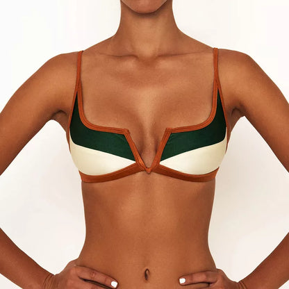 Green split swimsuit bikini with chest pad for swimming and wading