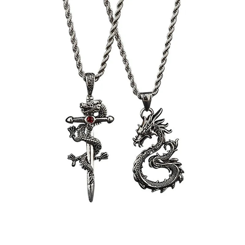 Dragon sword pendant necklace with black electroplated alloy charm and 60cm titanium steel hemp flower chain