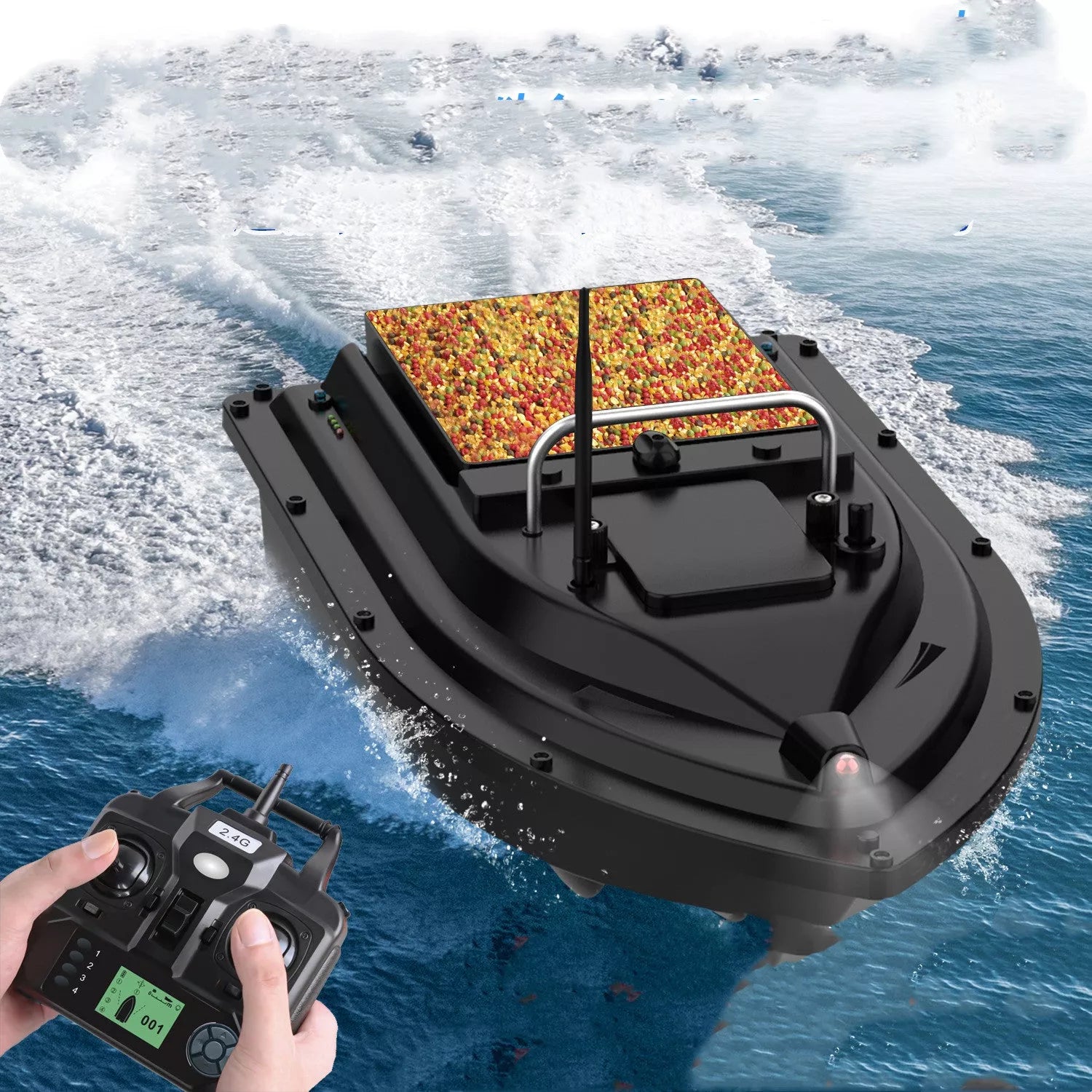 GPS Intelligent Remote Control Boat with remote control and accessories on water