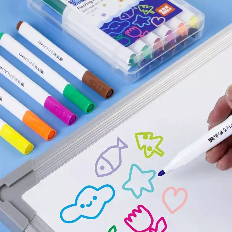Children's Magic Water Floating Pen set with 12 vibrant, erasable colors in a durable PVC box