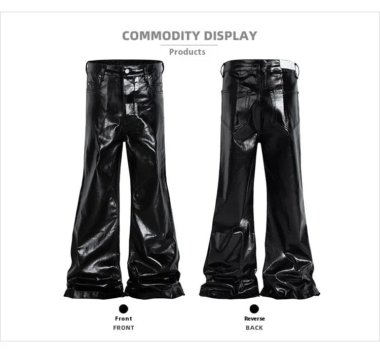 Black patent leather finish skinny jeans with straight leg cut on cotton denim