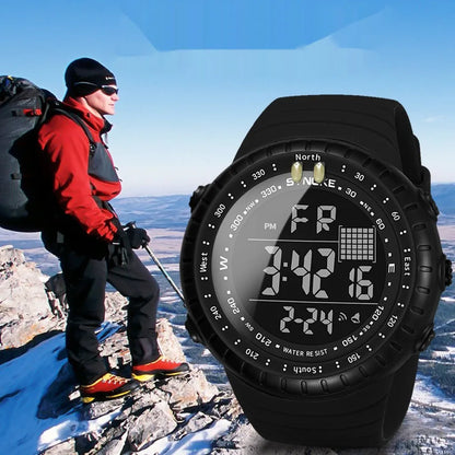 Black waterproof outdoor electronic watch for men with 54.74mm dial and adjustable PU strap on wrist
