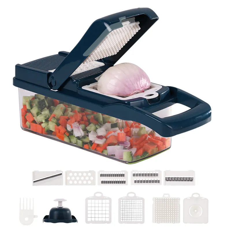 Multifunctional vegetable cutter with seven stainless steel blades on a food-grade plastic body.