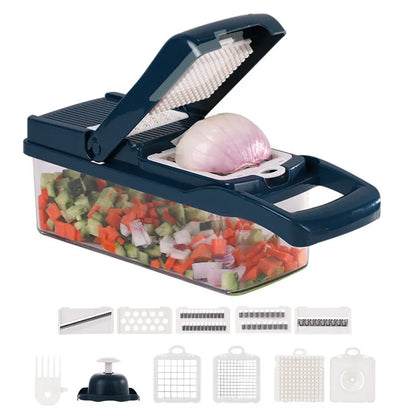 Multifunctional vegetable cutter with seven stainless steel blades on a food-grade plastic body.