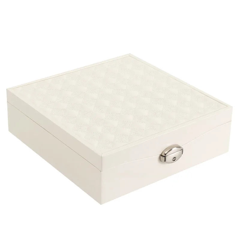 Red or white PU jewellery storage box with multiple compartments for necklaces and rings