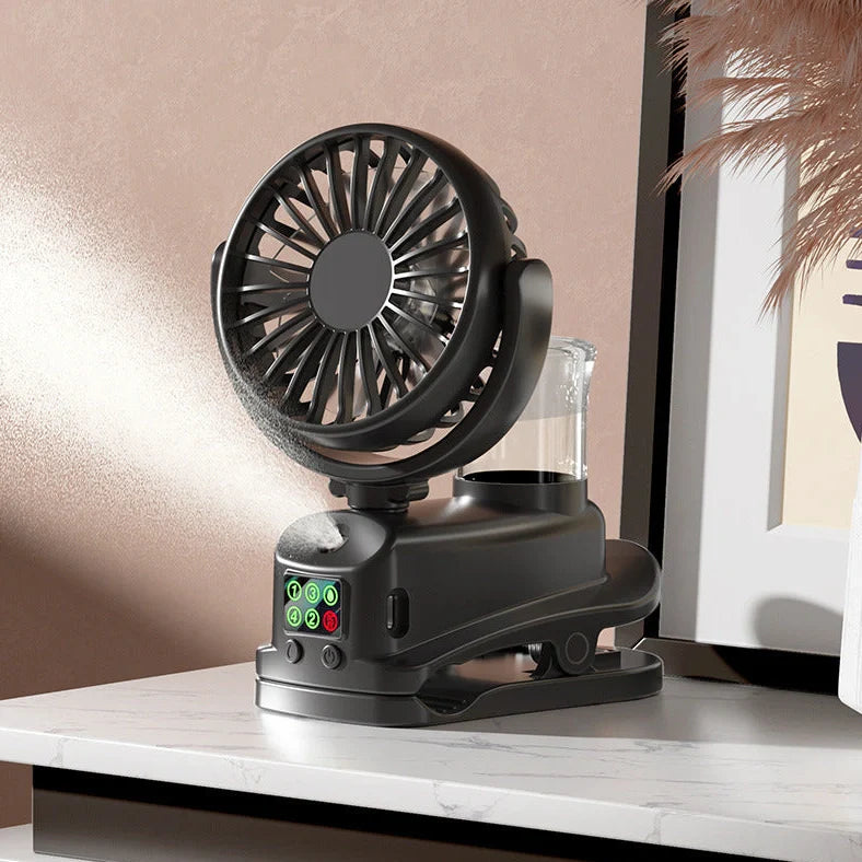 F7 clip spray fan in black colour showing clip attachment and mist spray function