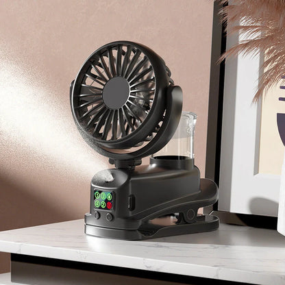 F7 clip spray fan in black colour showing clip attachment and mist spray function