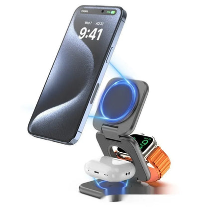White foldable magnetic wireless charging phone holder shown open and closed