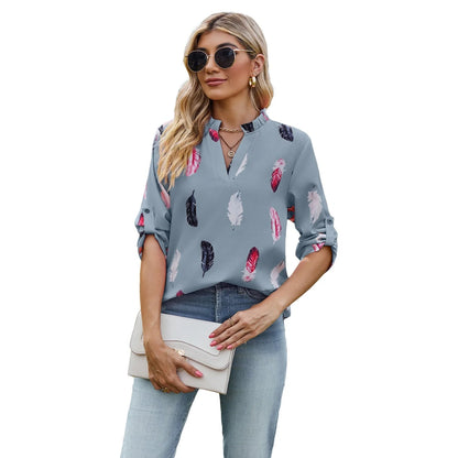 Stylish feather-printed pullover blouse in a variety of colors and sizes