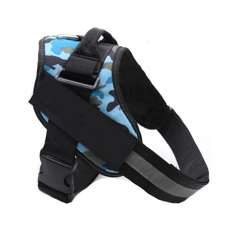Personalised dog harness with reflective straps and adjustable chest fitting showing no-pull design