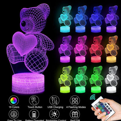 3D acrylic teddy bear LED night light with remote control showing 16 colour options and 85mm base