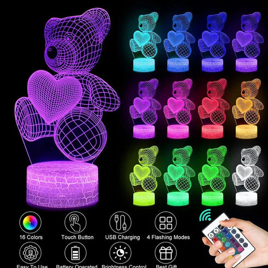 3D acrylic teddy bear LED night light with remote control showing 16 colour options and 85mm base