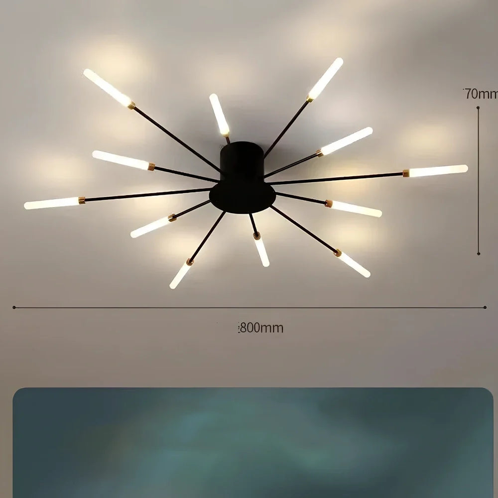 Ceiling room light with decorative iron framework and multiple bulb heads in gold or sand black finish