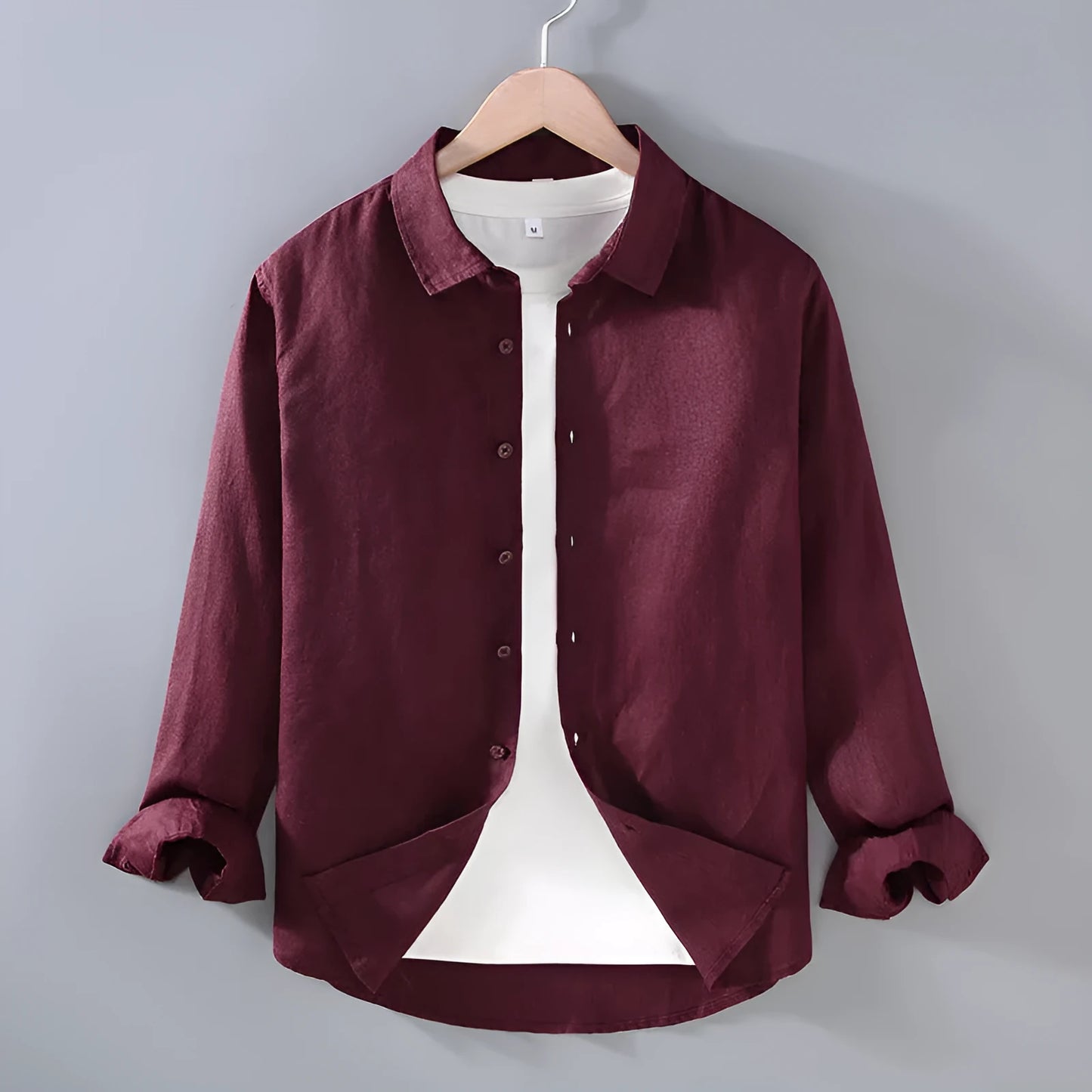 Pure linen men's cardigan shirt in a solid colour with long sleeves.