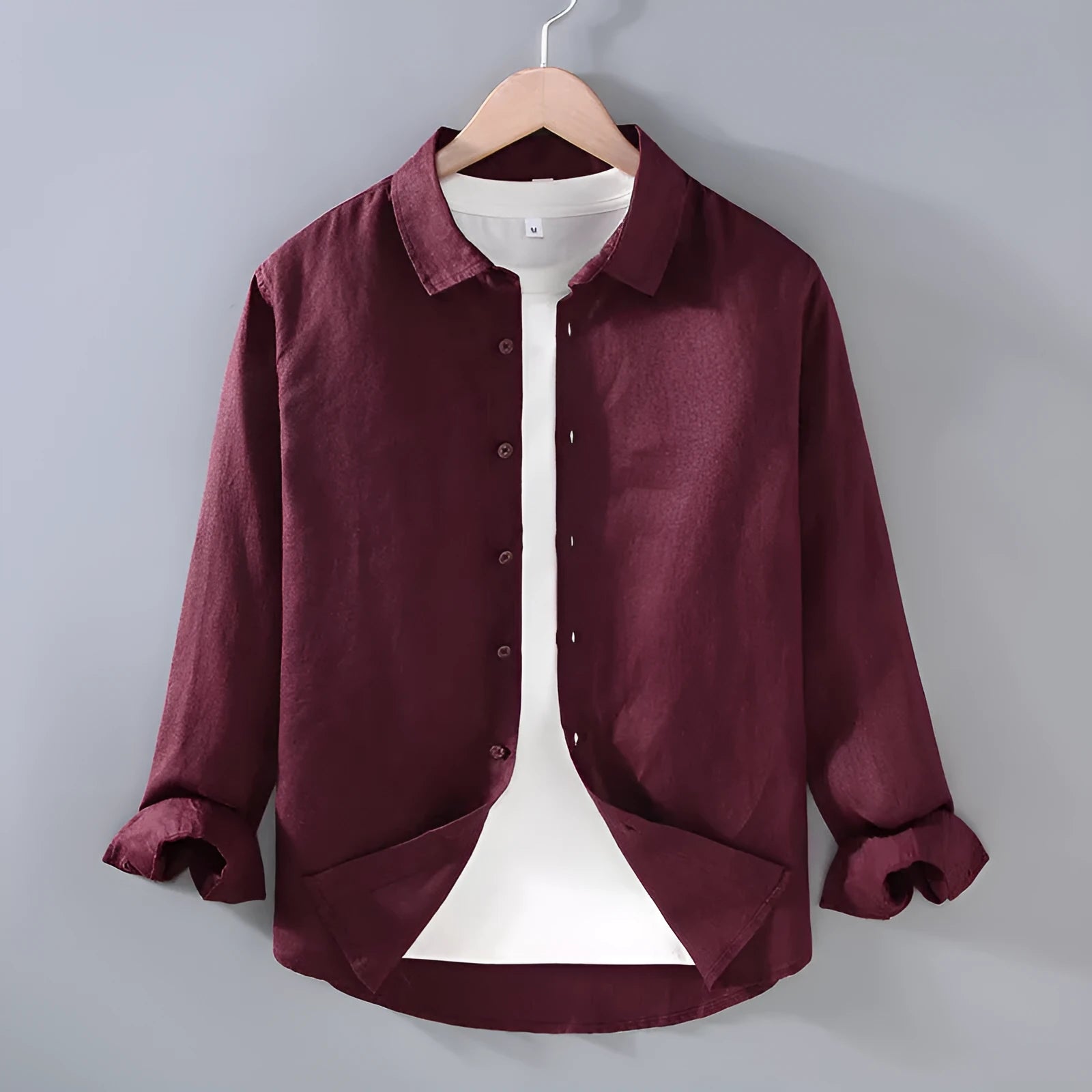 Pure linen men's cardigan shirt in a solid colour with long sleeves.