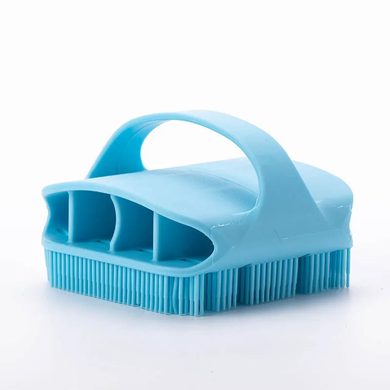 Silicone scalp massager brush with extra-long bristles and ergonomic handle in multiple colours