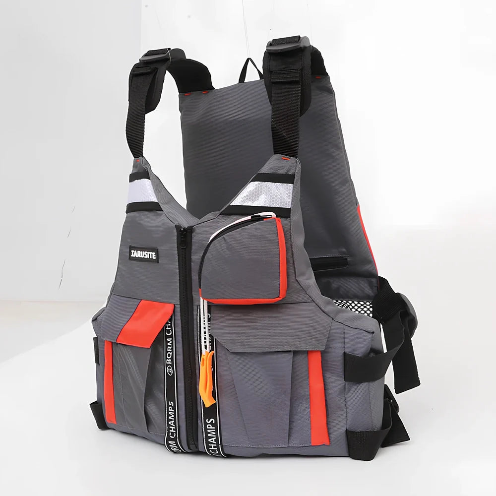 Gray-red Oxford cloth fishing swim vest with slim 0-type design and one-size universal fit