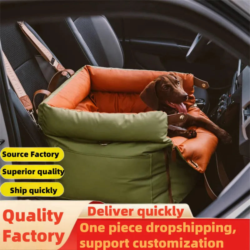 Green waterproof dog car nest with a removable cover, shown placed in a vehicle boot.