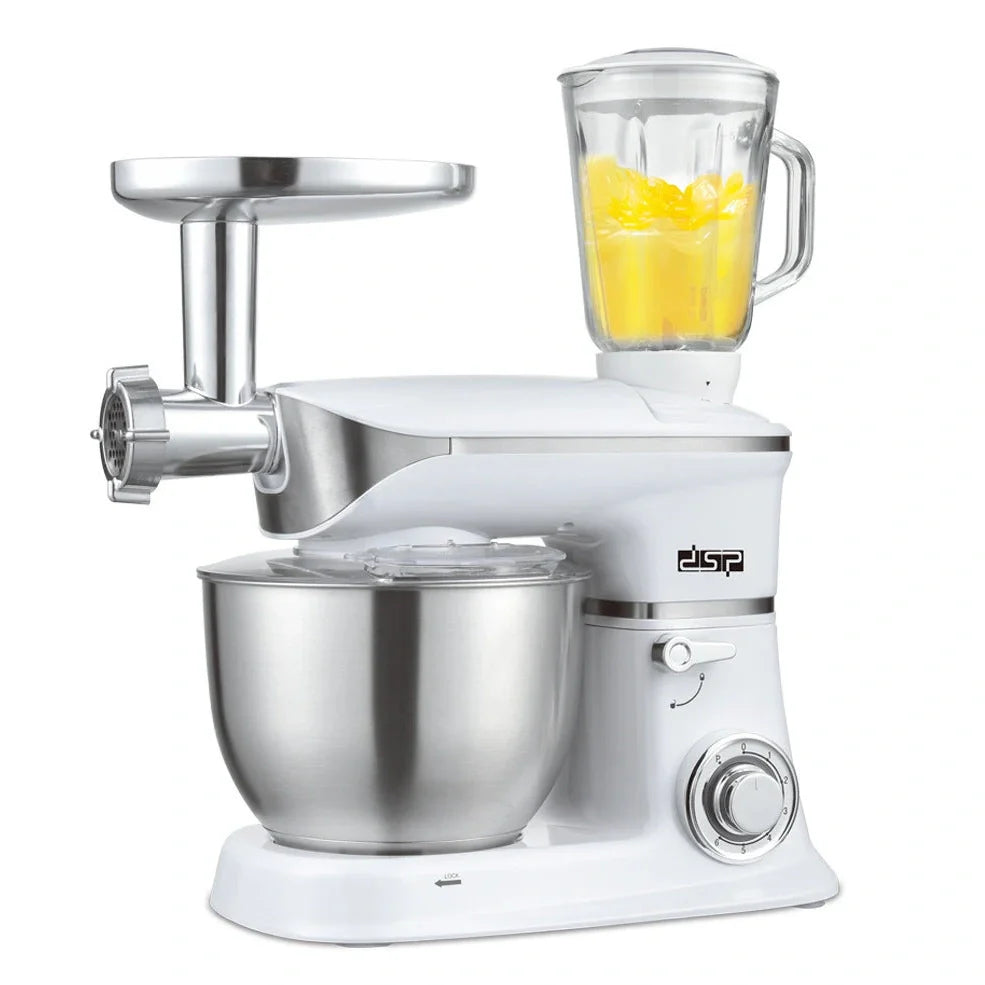 Black and white three-in-one kitchen machine with 6.5L bowl, aluminium attachments, and tilt-head design