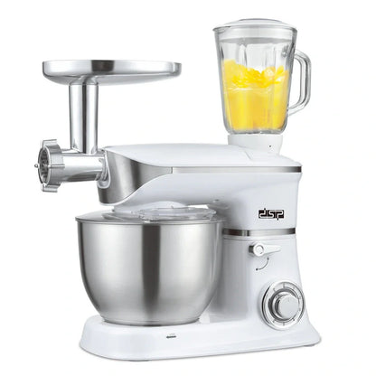 Black and white three-in-one kitchen machine with 6.5L bowl, aluminium attachments, and tilt-head design