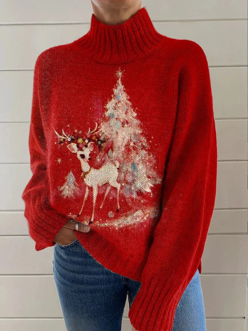 Women's Christmas printed turtleneck sweater with painting pattern and macaron colours, loose fit design