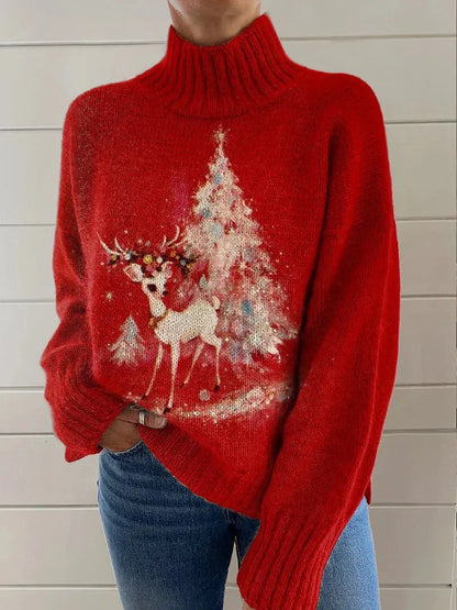 Women's Christmas printed turtleneck sweater with painting pattern and macaron colours, loose fit design