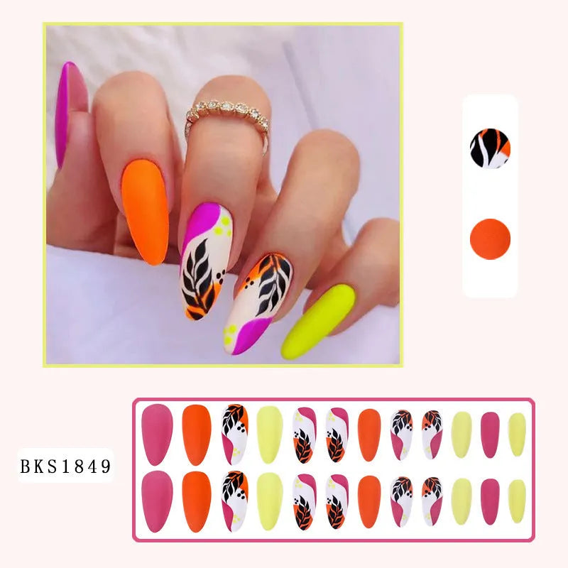 Almond armour shaped nail stickers with frosted finish showing four decorative colour options