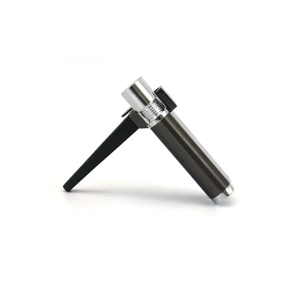 Portable foldable mini pipe with metal cap lighter showing 8cm folded size and wind-resistant function