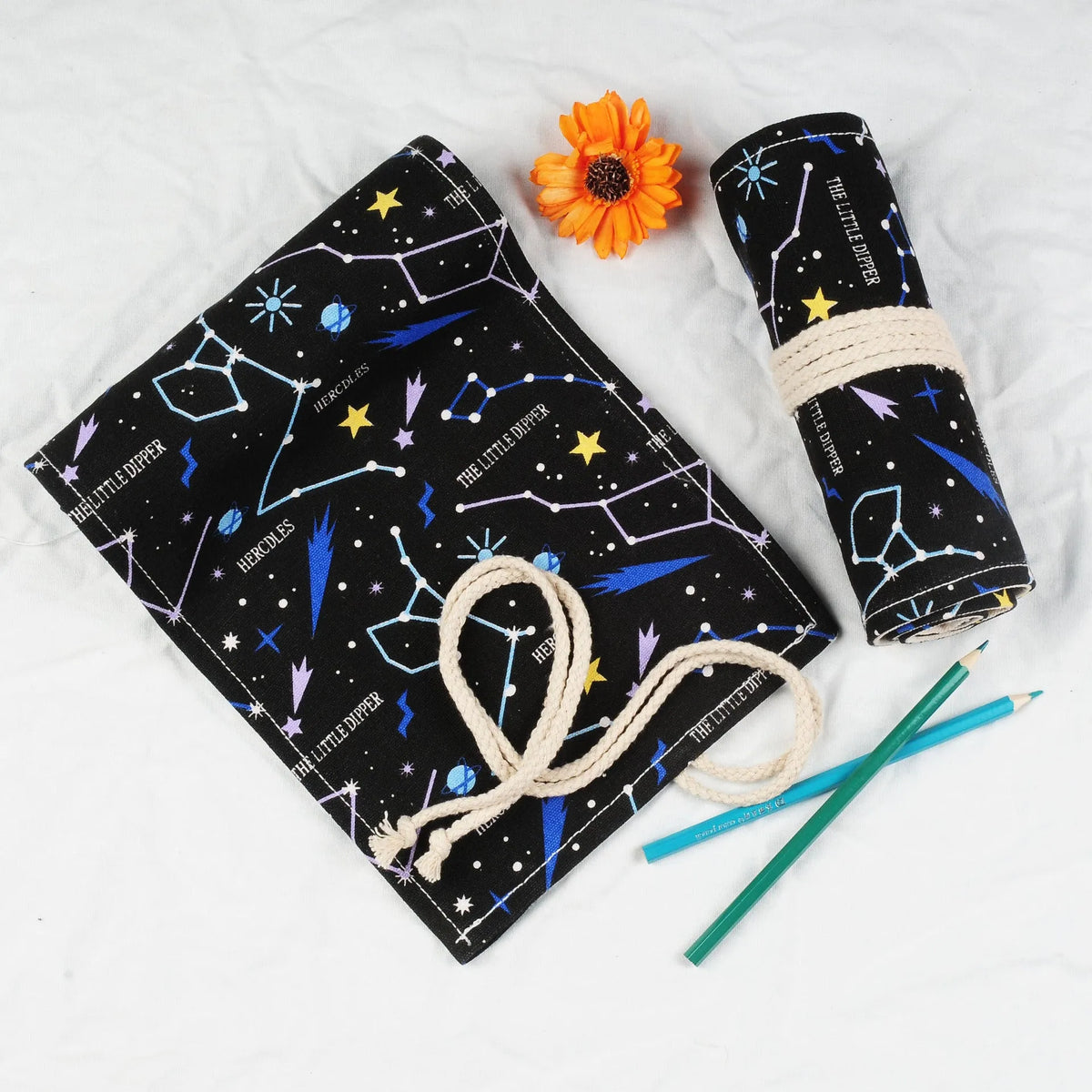 Canvas roll-up pencil case with starry sky print, plain square style, 12 to 108 holes, 0.1kg
